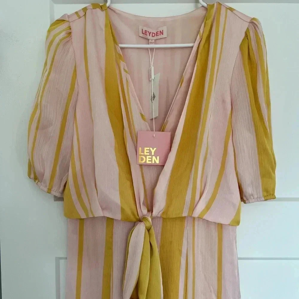 LEYDEN Womens Pink Tie Striped Tea-Length Formal Dress Juniors S NWT